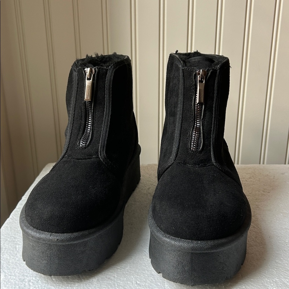Rouge Helium Platform Black Suede Ankle Boots ZipUp front faux fur lined size 8 - Picture 3 of 17